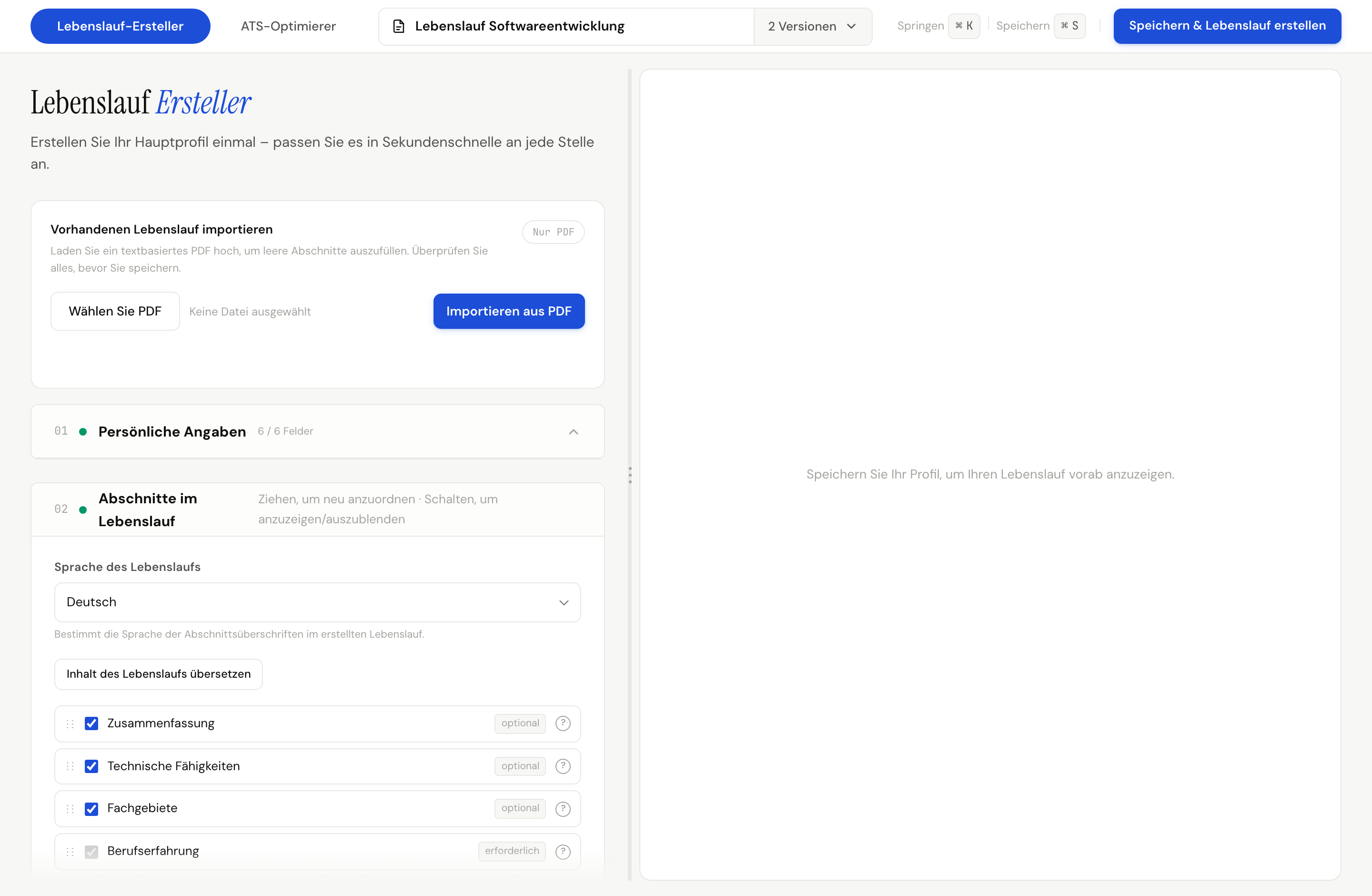 CV-Builder mit dem Profilformular neben einer Live-Vorschau des generierten PDF-Lebenslaufs.