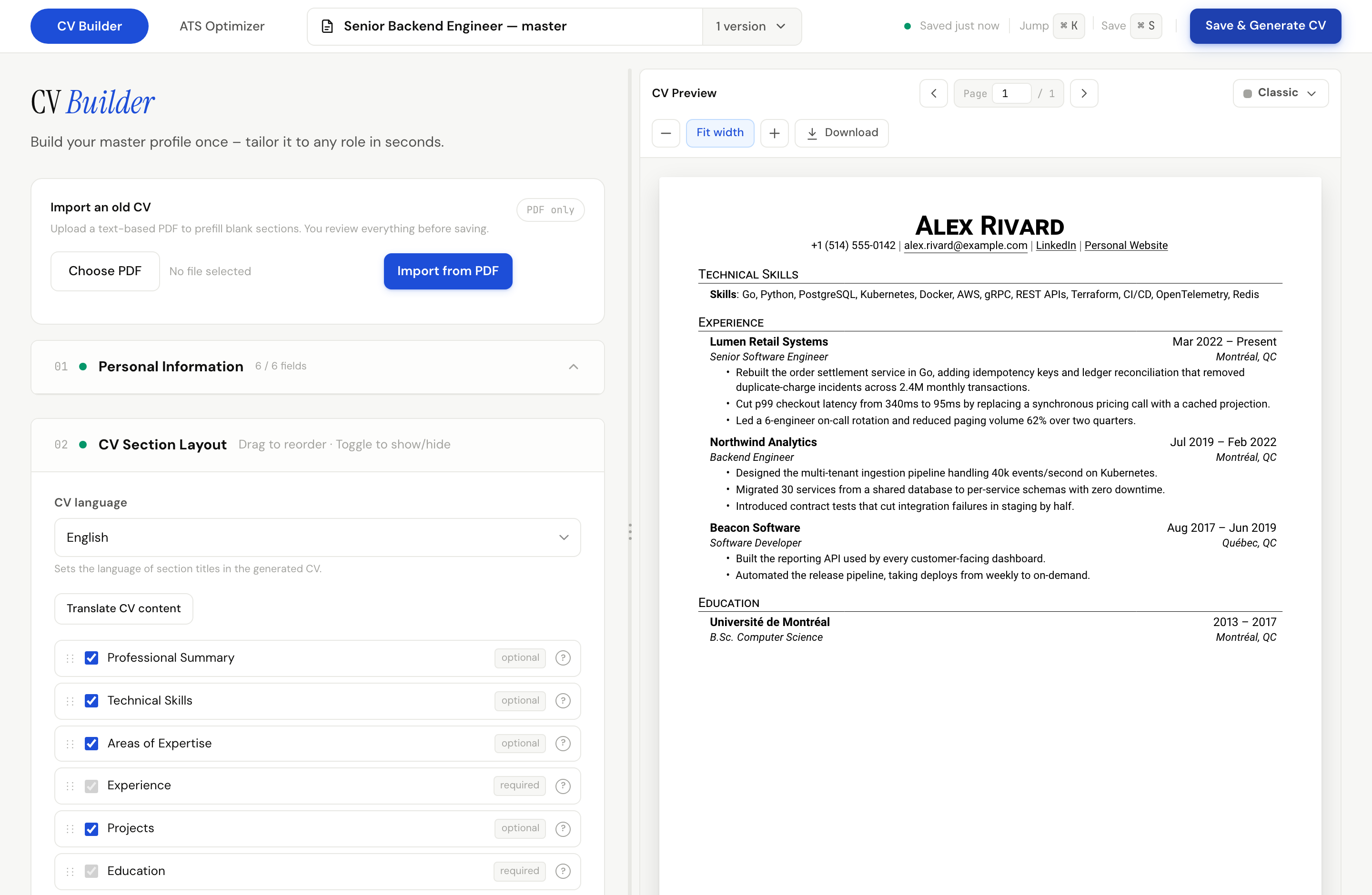 Generador de CV con el formulario de perfil junto a una vista previa en vivo del CV en PDF