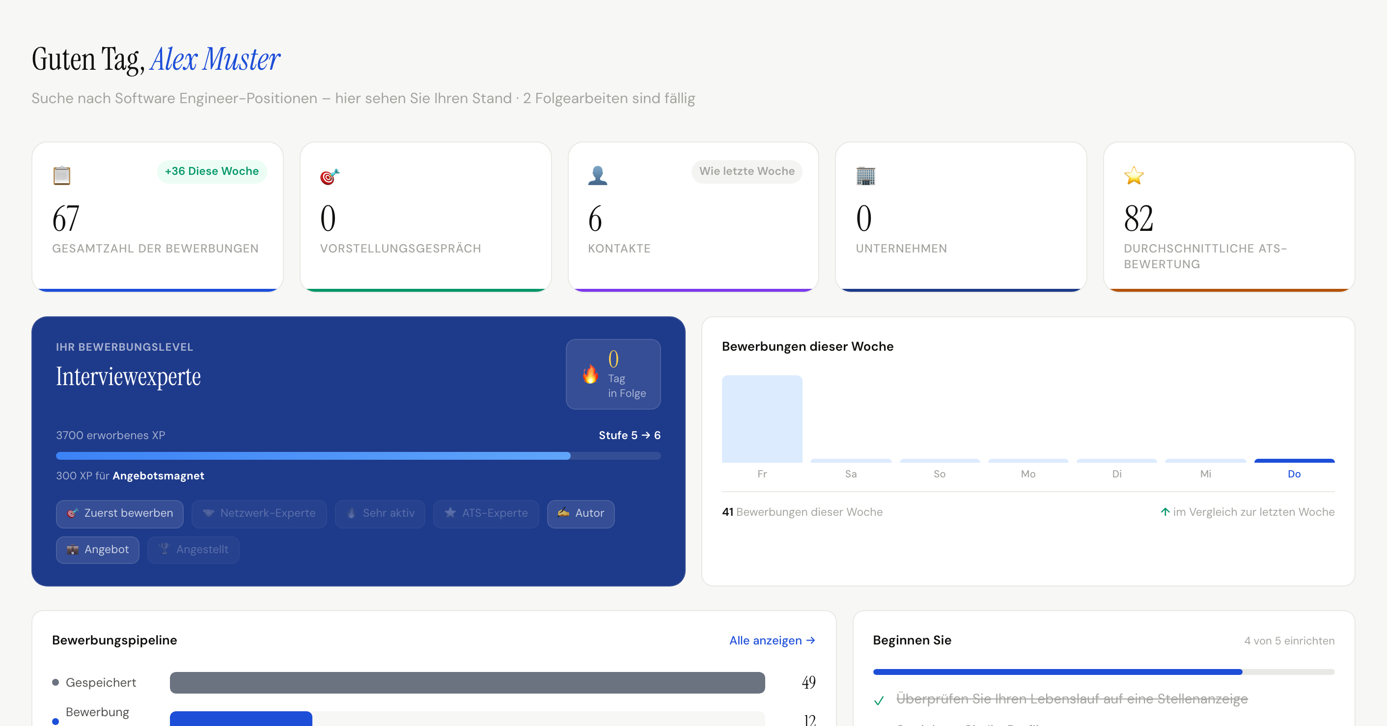 Das Applyvo-Dashboard zeigt aktive Arbeitsplatzsuche, Bewerbungen und KI-Tools.