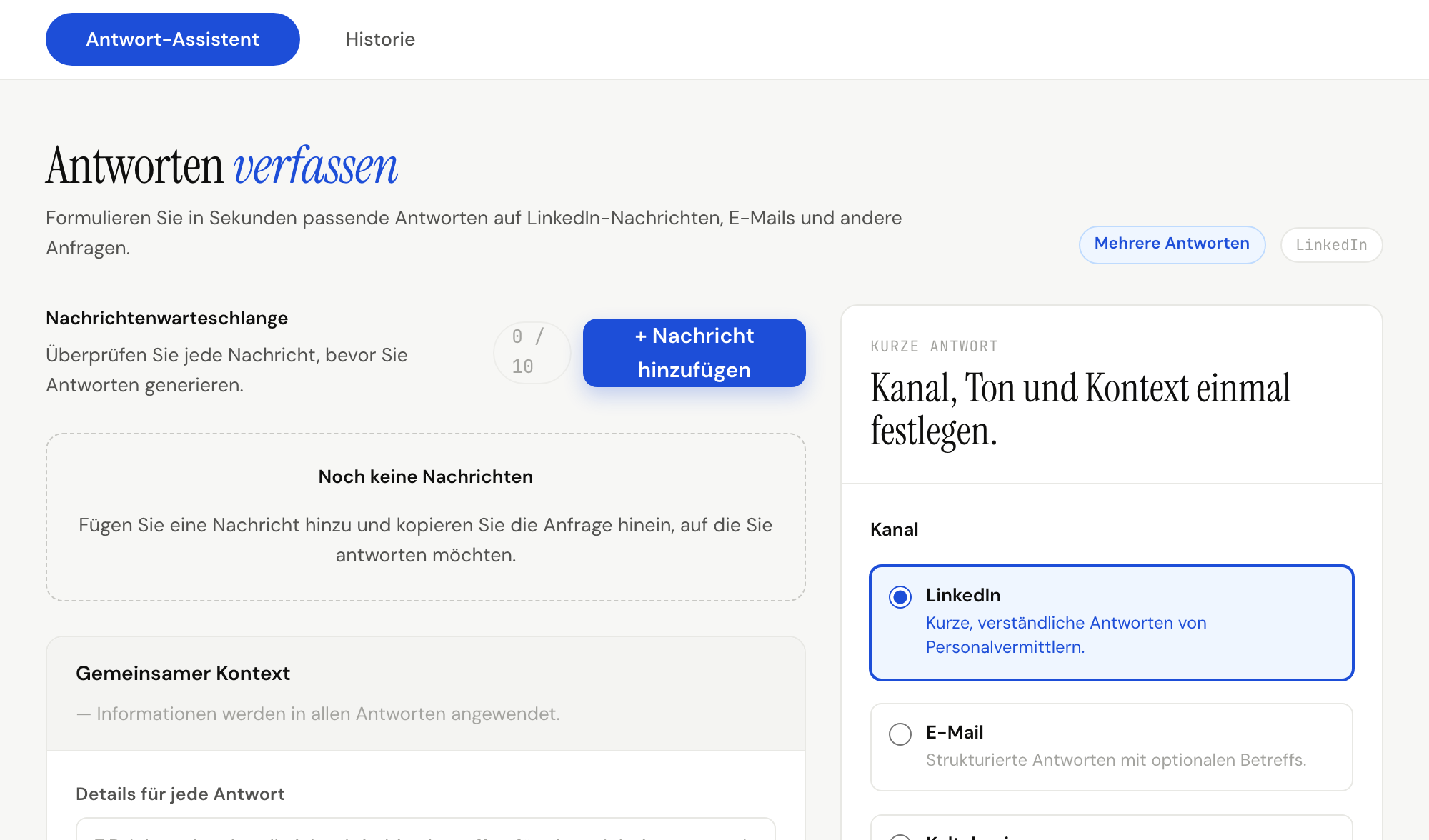 Antwort-Assistent, der eine Nachricht von einem Personalvermittler in eine versendungsbereite Antwort umwandelt.