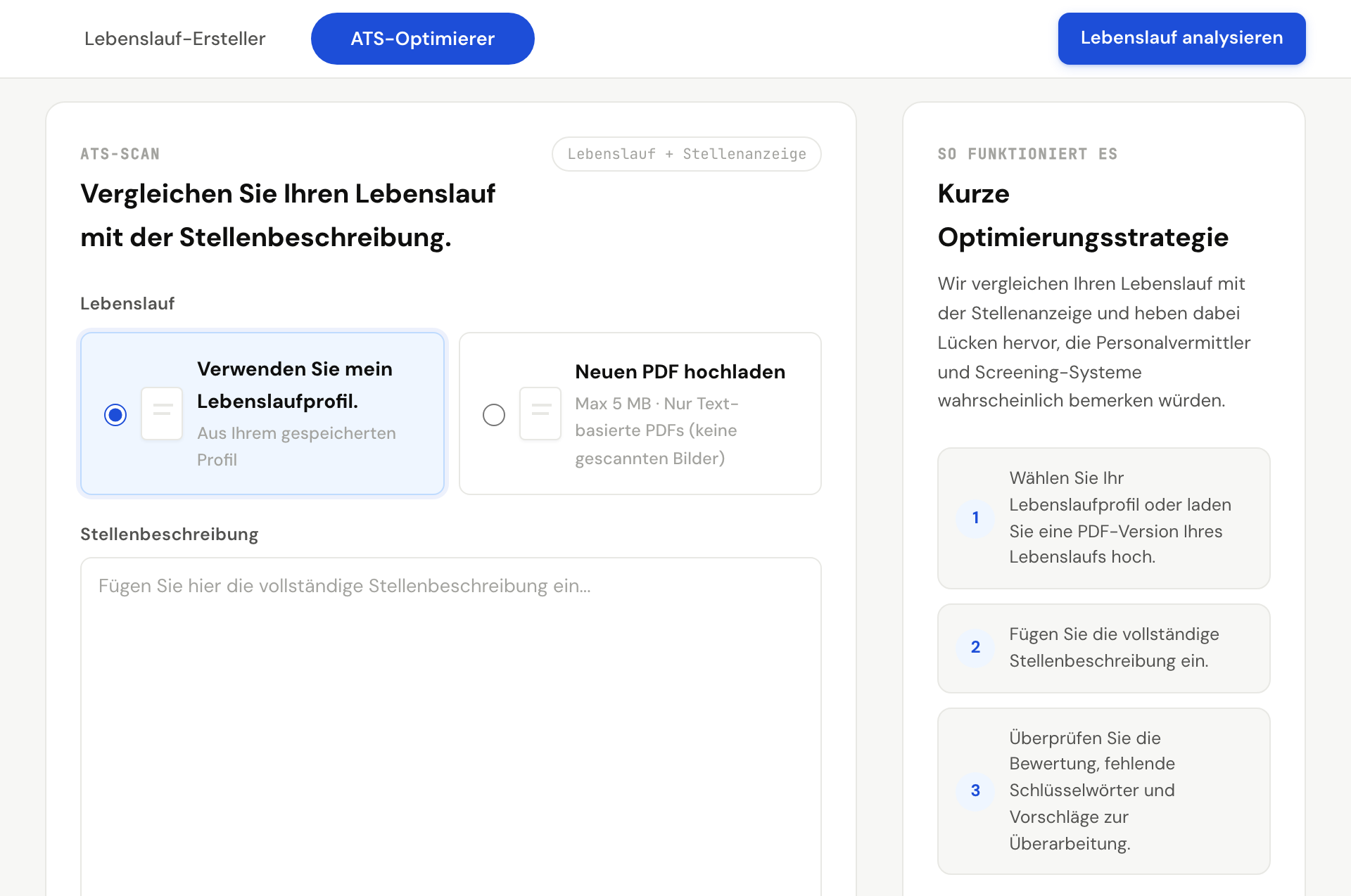 Analyse durch Resume Doctor mit Bewertung der Übereinstimmung mit Schlüsselwörtern im ATS und detailliertem Feedback für jede Sektion.